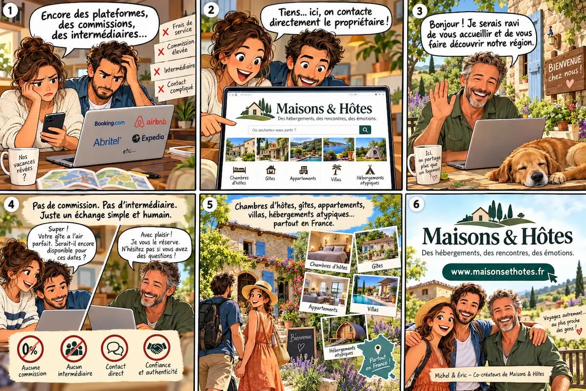 Bande dessinée présentant Maisons et Hôtes, contact direct entre voyageurs et propriétaires sans commission